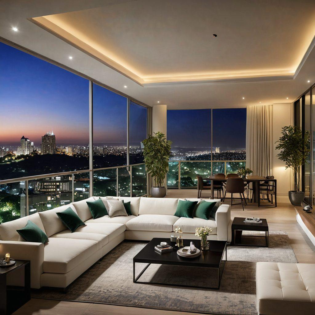 A panoramic view of a luxurious apartment with modern architectural design, large glass windows, and a spacious balcony overlooking an urban cityscape on one side and a tranquil suburban neighborhood on the other. Include lush greenery, elegant furniture, and ambient evening lighting. super-realistic. vibrant colors.