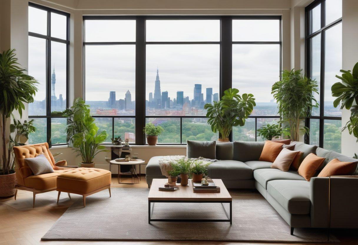 A cozy, modern apartment with stylish decor, including trendy furniture, indoor plants, and soft lighting; large windows showcasing a chic cityscape outside. A vibe that blends affordability with elegance. super-realistic. vibrant colors. inviting atmosphere.